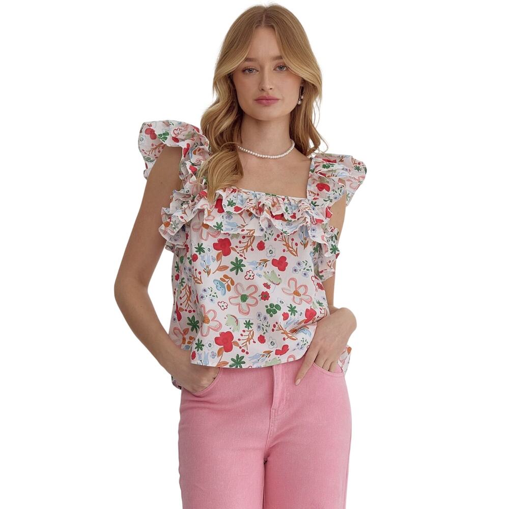 NWT Entro Floral Ruffled Strap Sleeve Square Neck Cotton Top Large